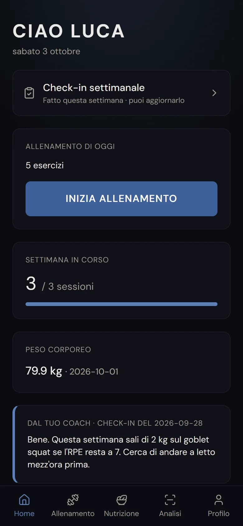 La home del cliente con la risposta del coach al check-in