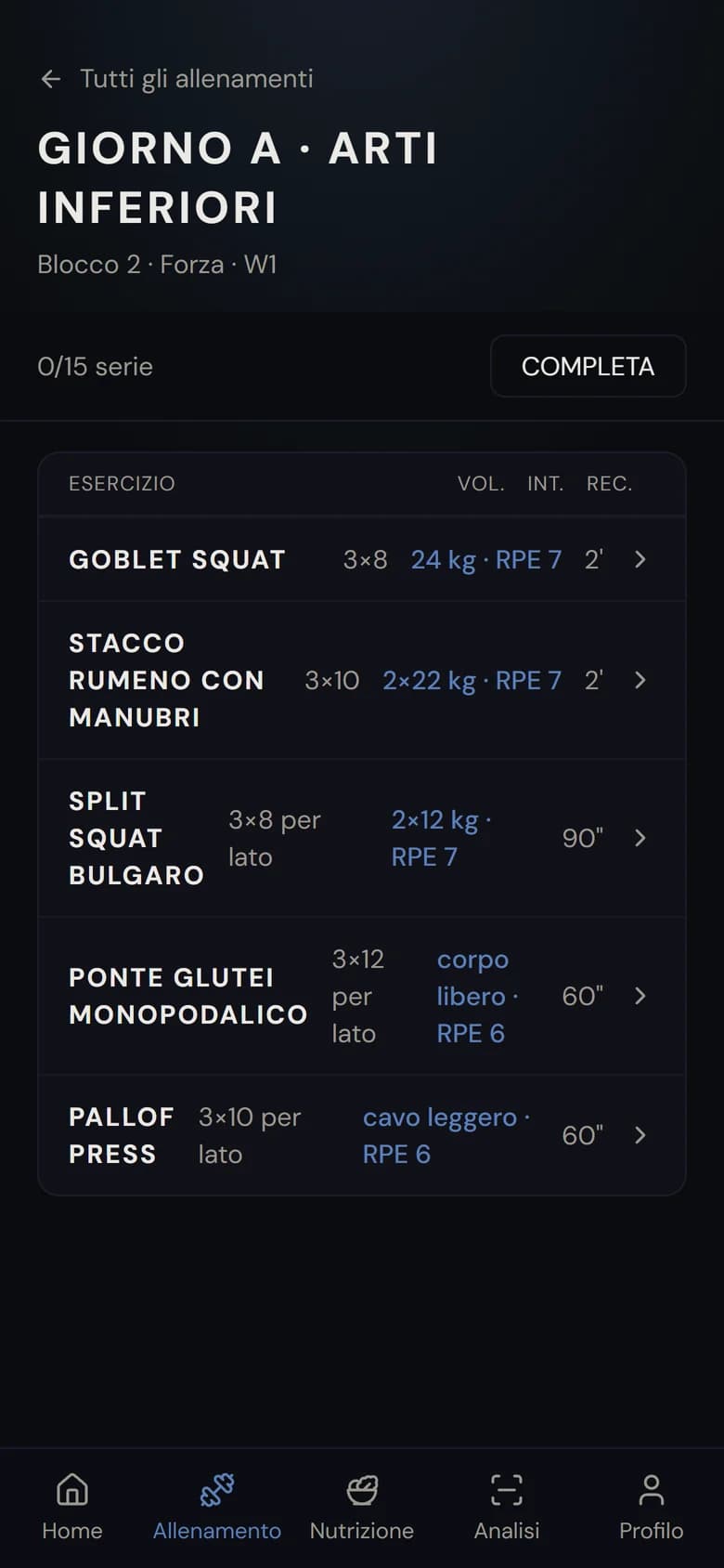 Una seduta nell'app: esercizi, carichi, RPE e timer di recupero